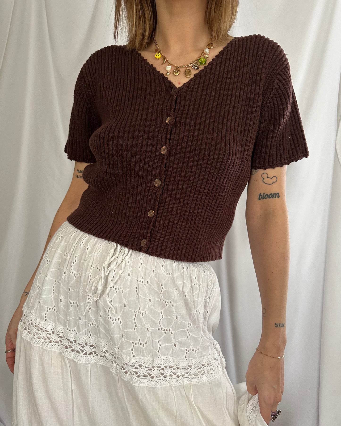 Brown Short Sleeve Cropped Cardi (L)