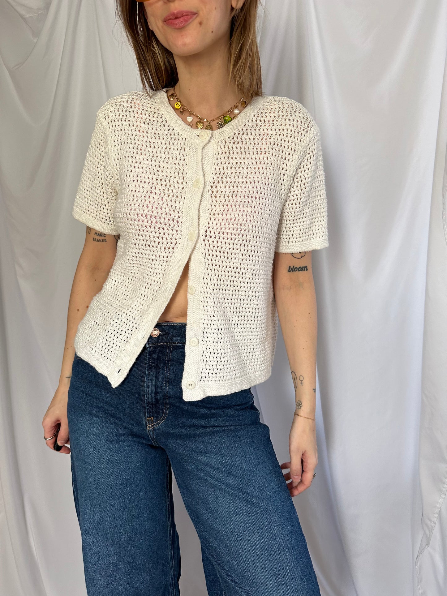 White Crochet Short Sleeve Cardi (L)