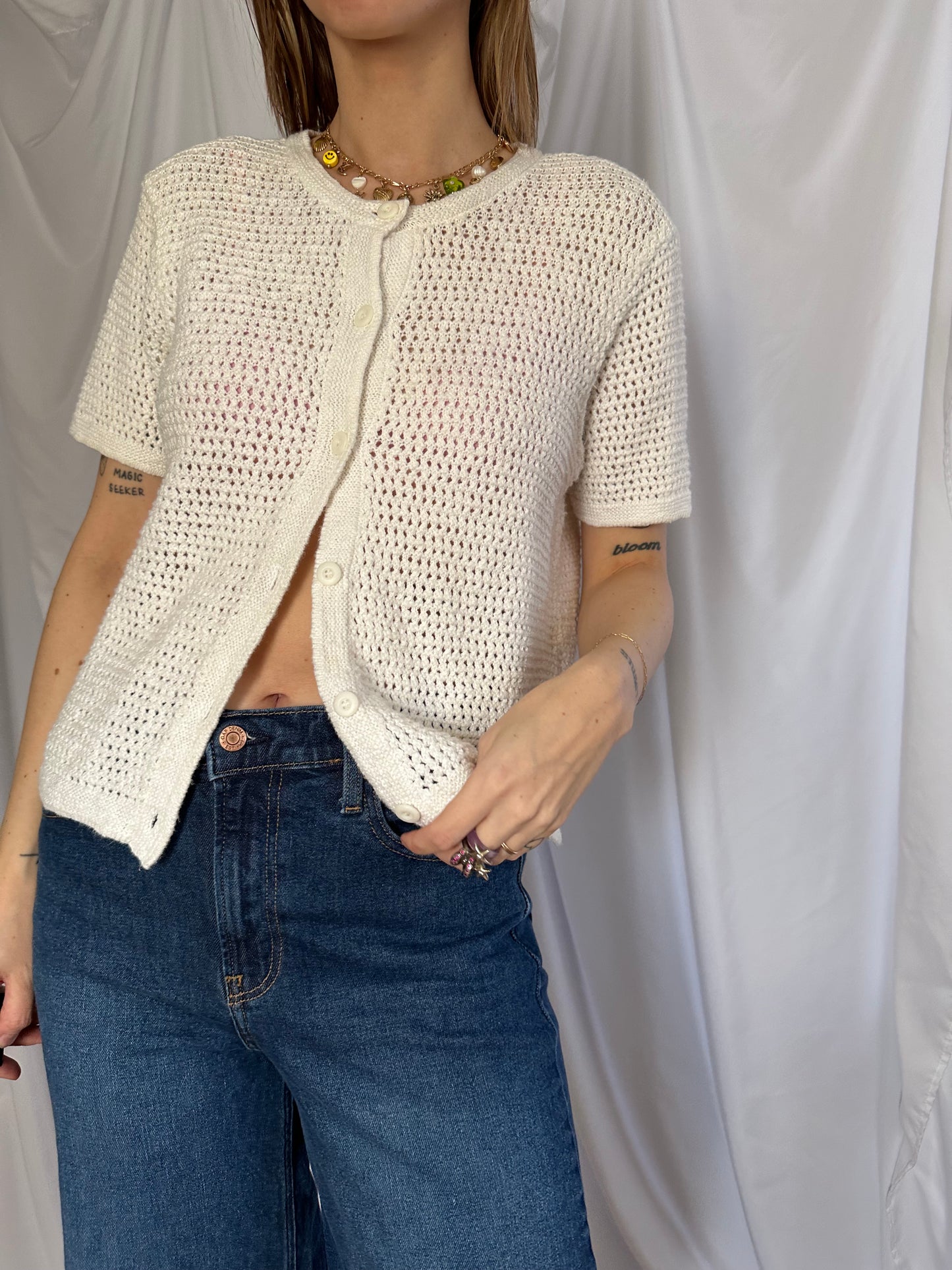 White Crochet Short Sleeve Cardi (L)