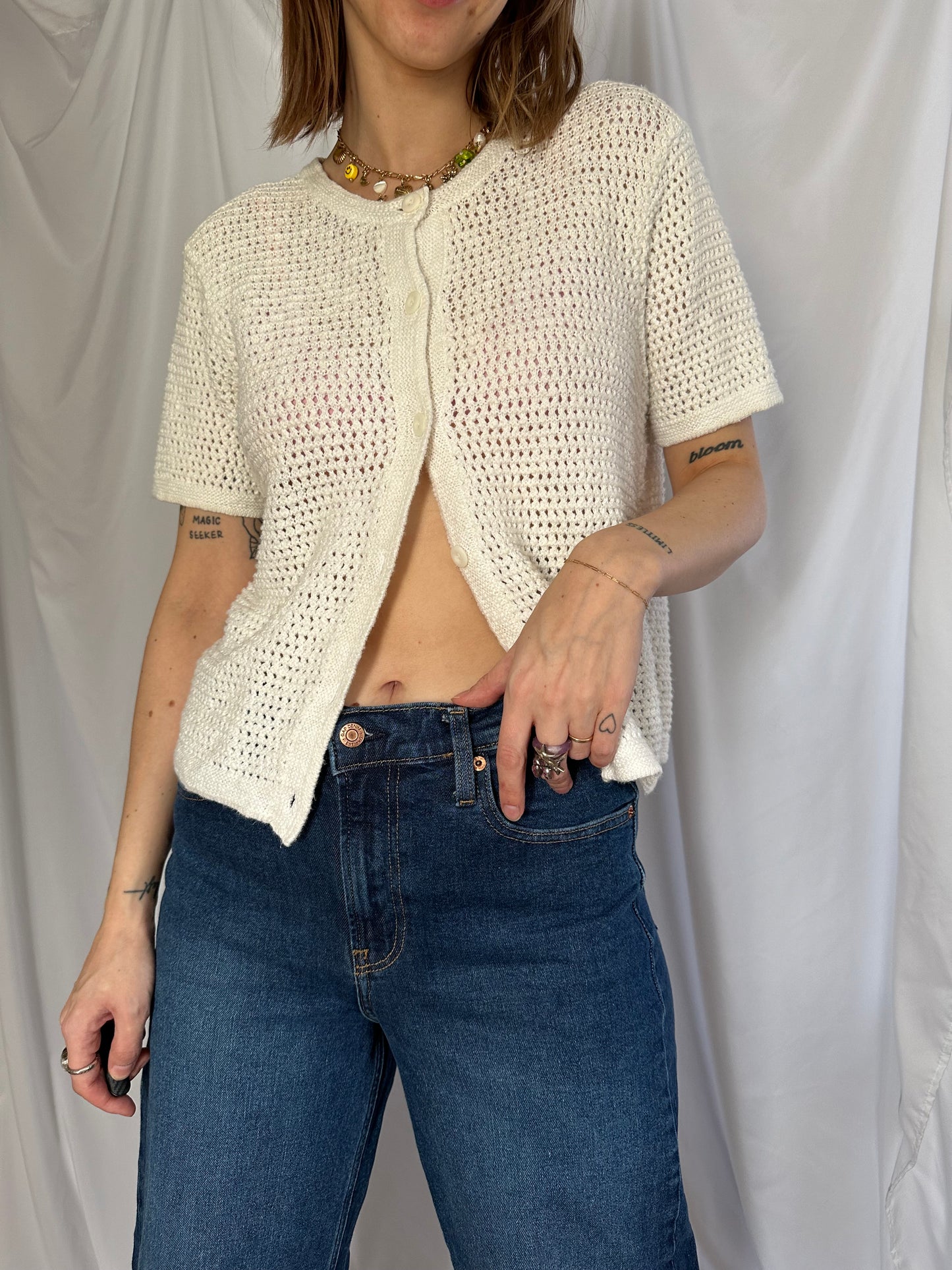 White Crochet Short Sleeve Cardi (L)