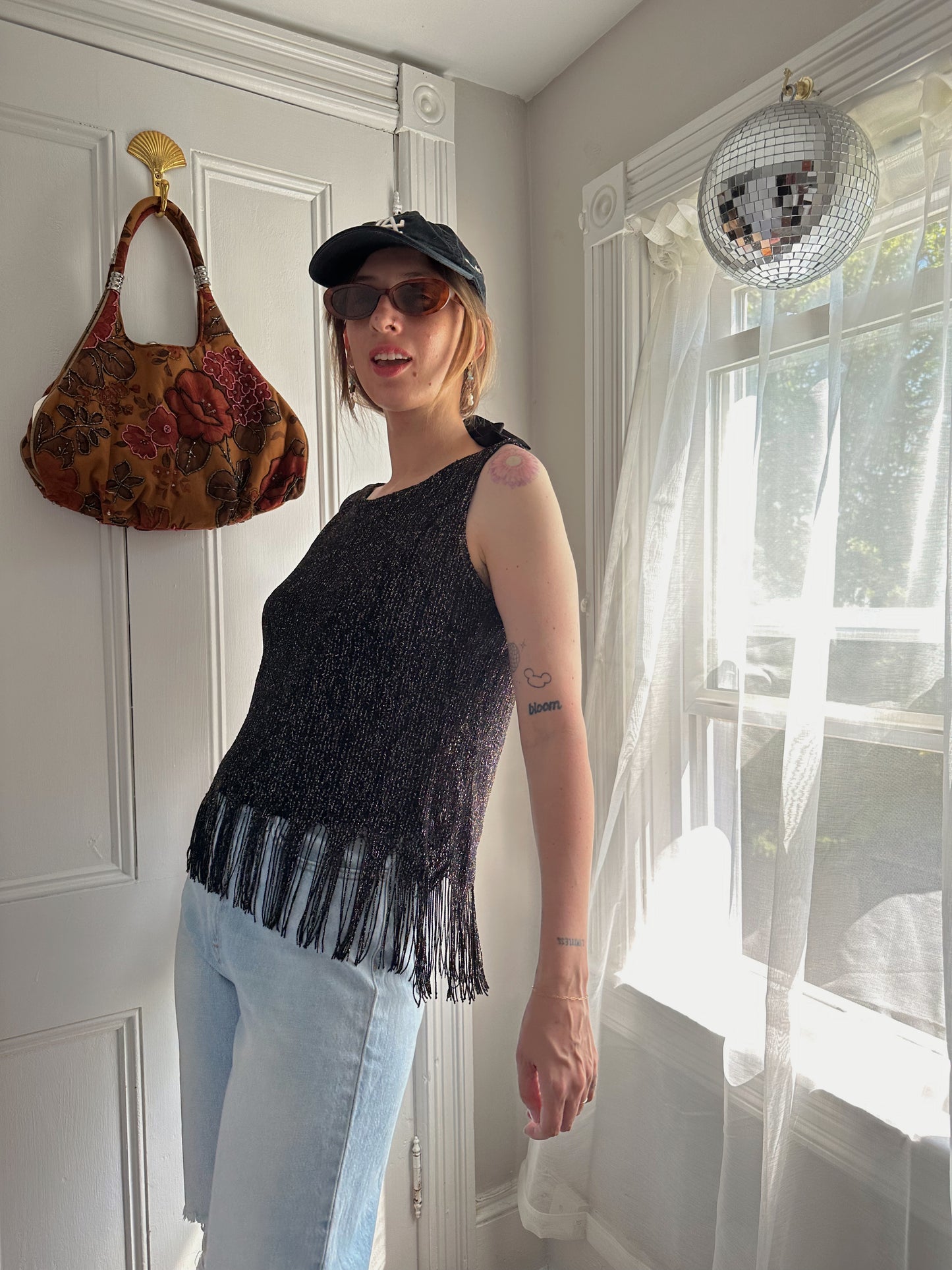 Black Lace Shimmering Fringe Top (M/L)