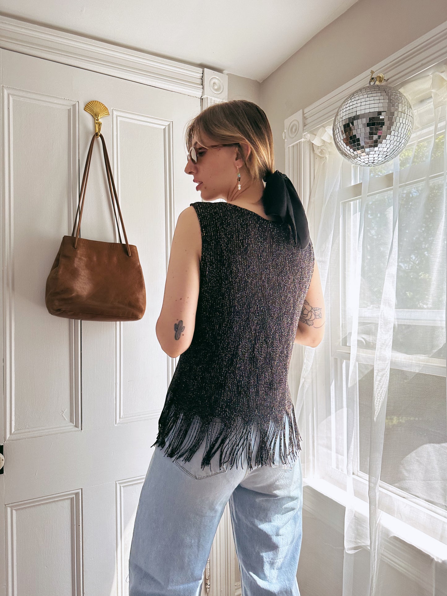 Black Lace Shimmering Fringe Top (M/L)