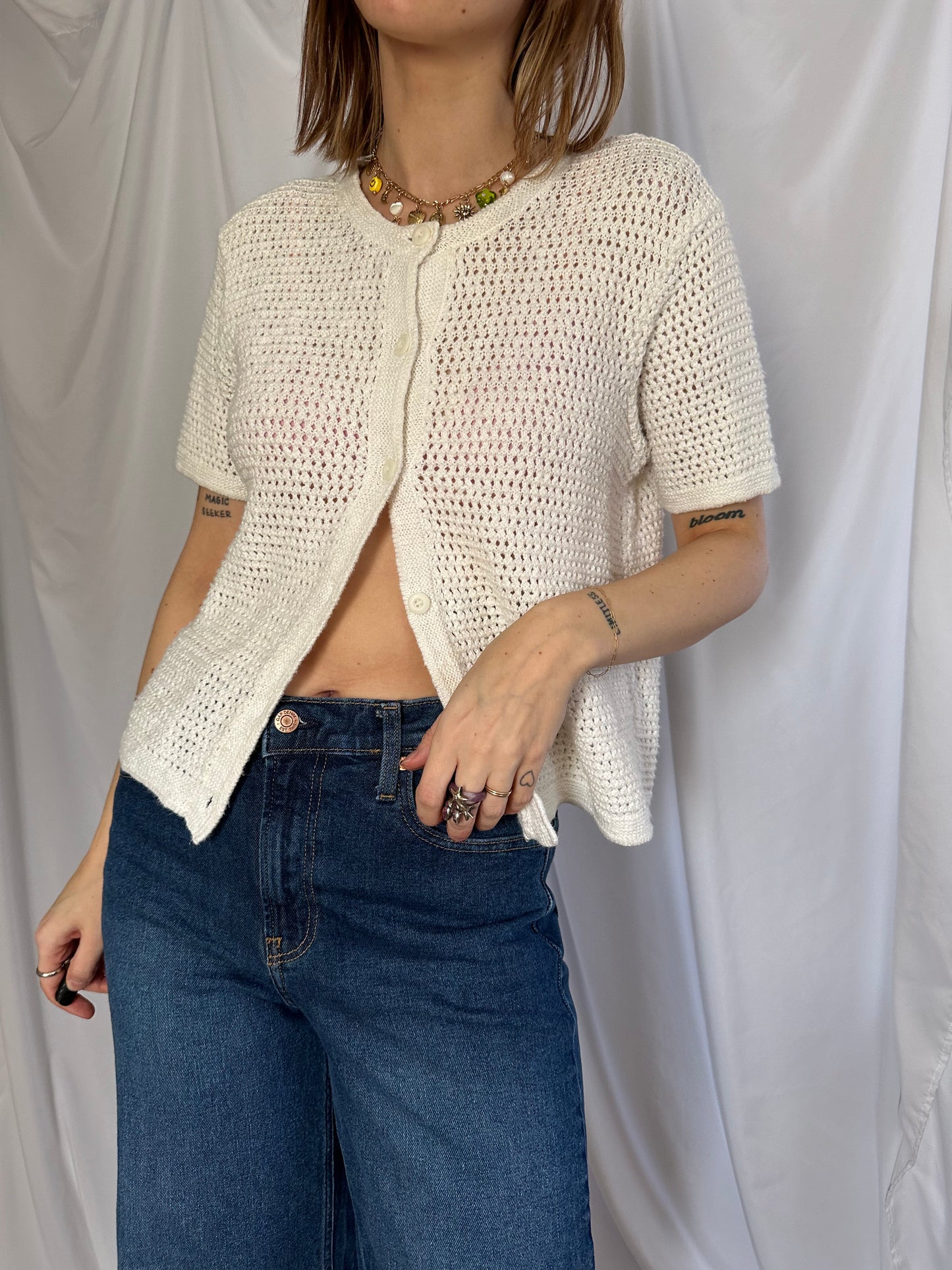 White Crochet Short Sleeve Cardi (L)