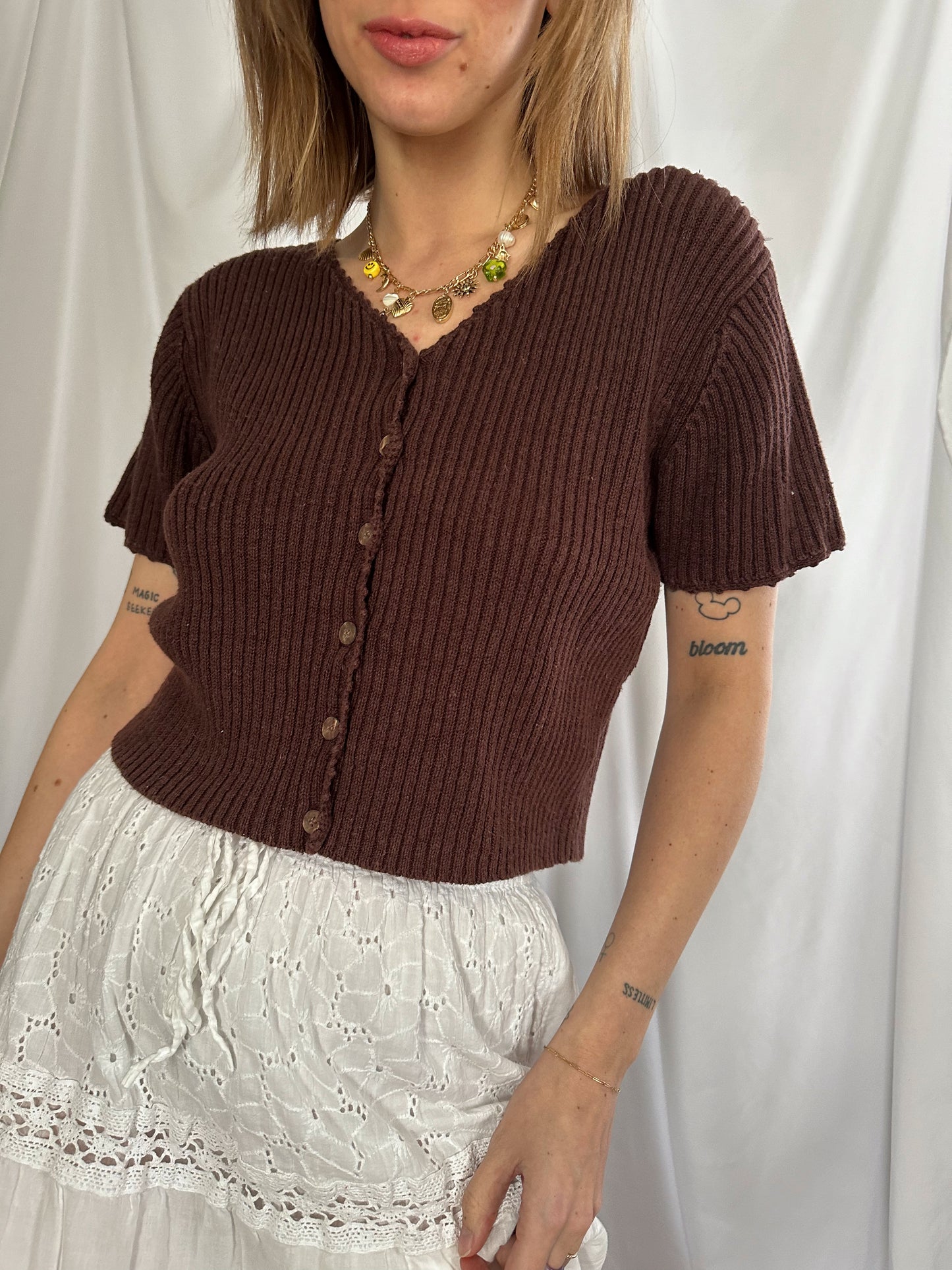 Brown Short Sleeve Cropped Cardi (L)