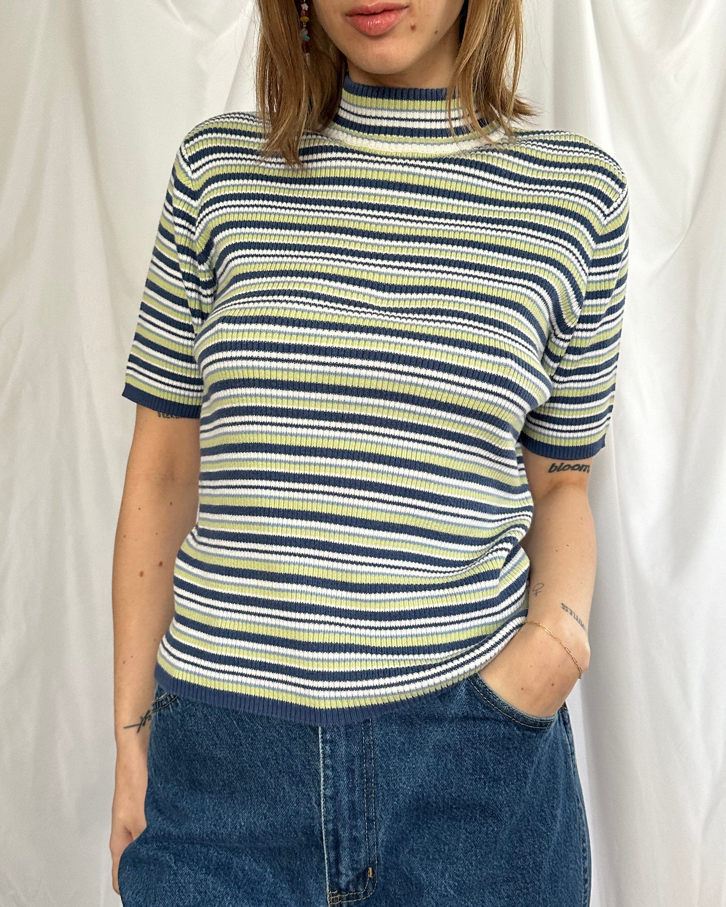 Striped Mock Neck Short Sleeve Sweater (M/L)