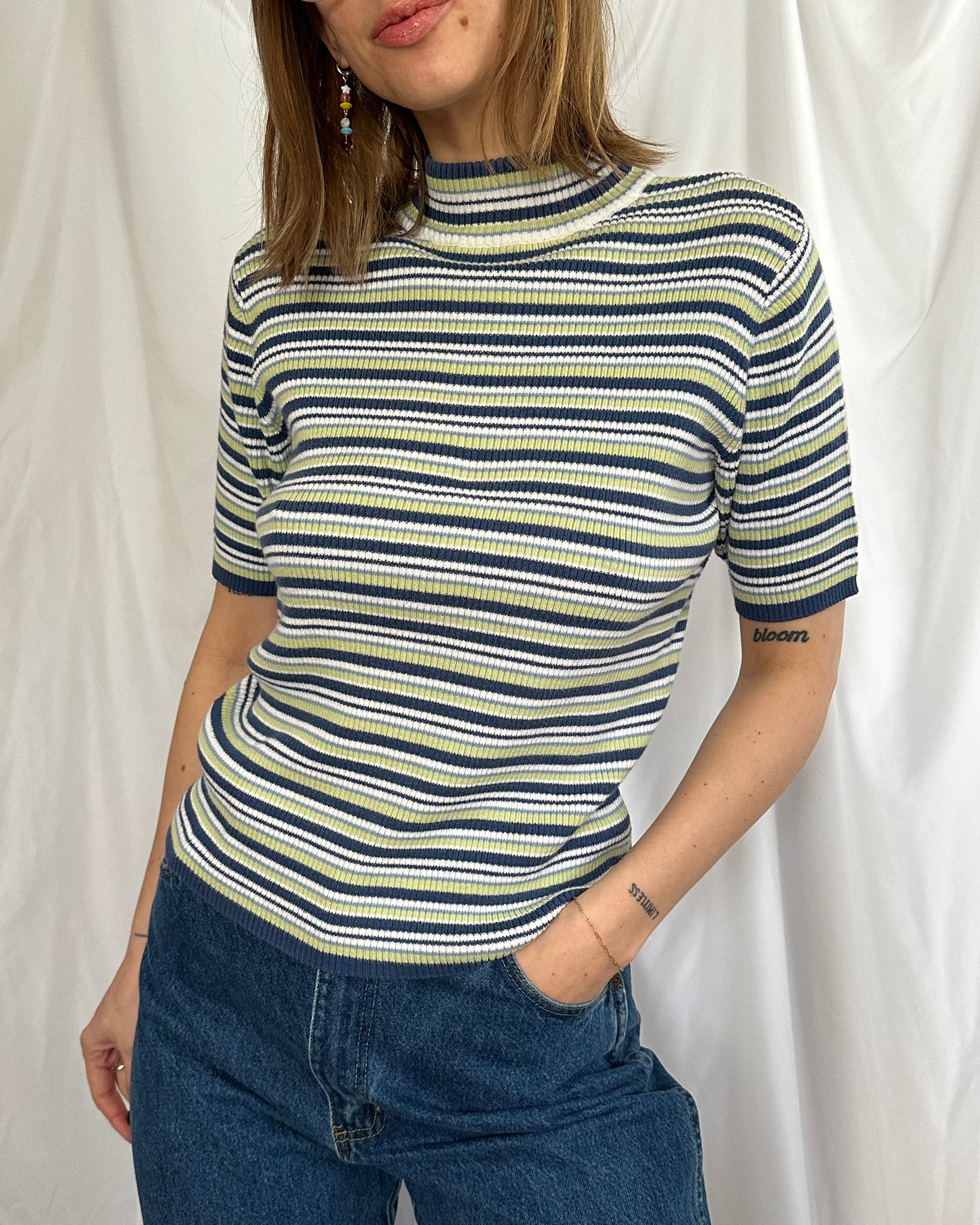 Striped Mock Neck Short Sleeve Sweater (M/L)