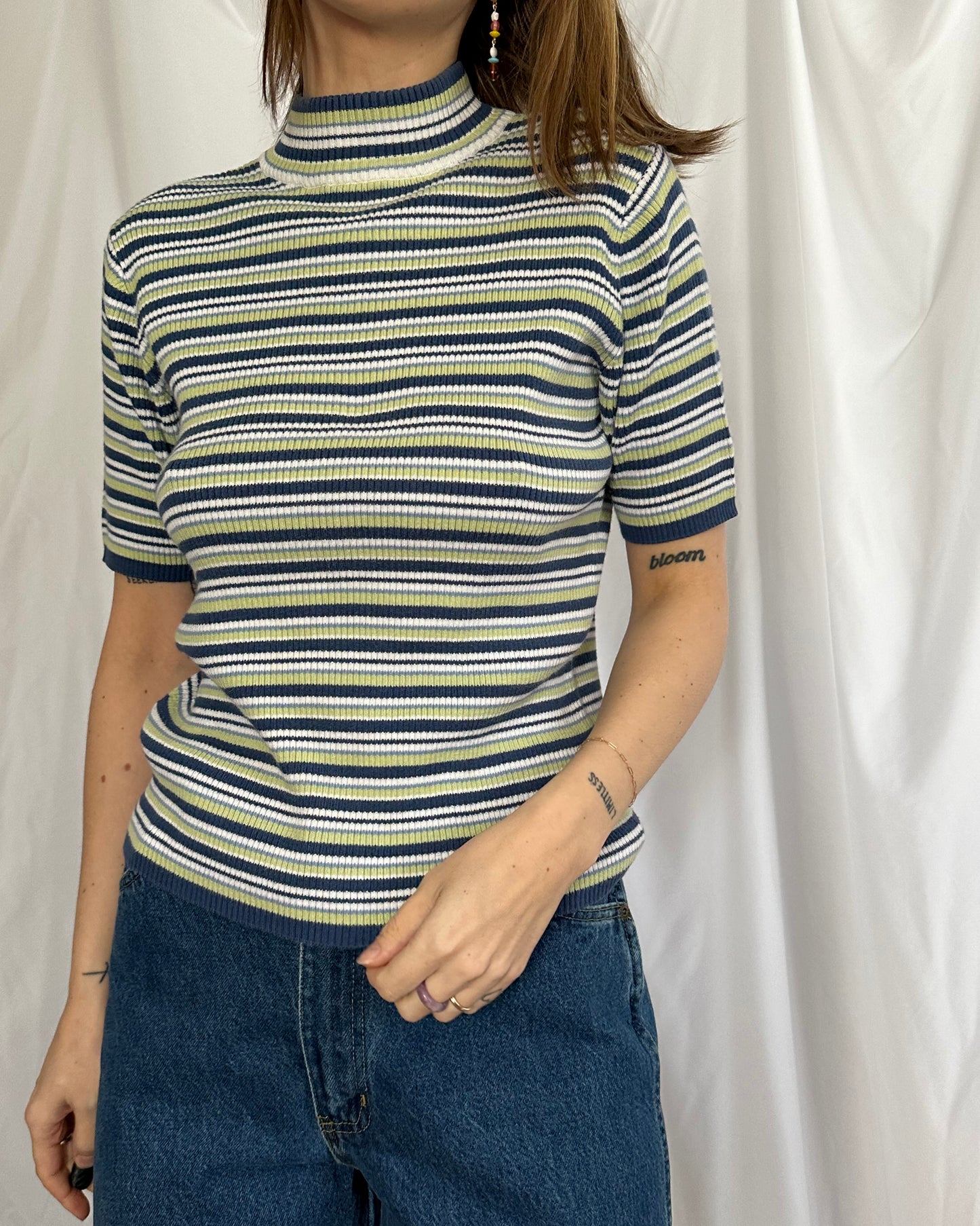 Striped Mock Neck Short Sleeve Sweater (M/L)